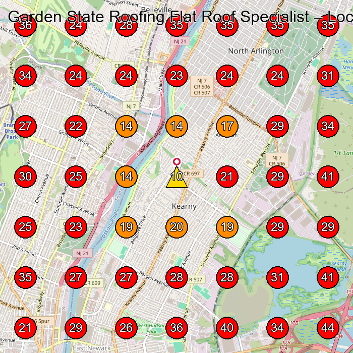 Garden State Roofing Flat Roof Specialist GeoGrid visibility map for Roofing Contractor in Kearny